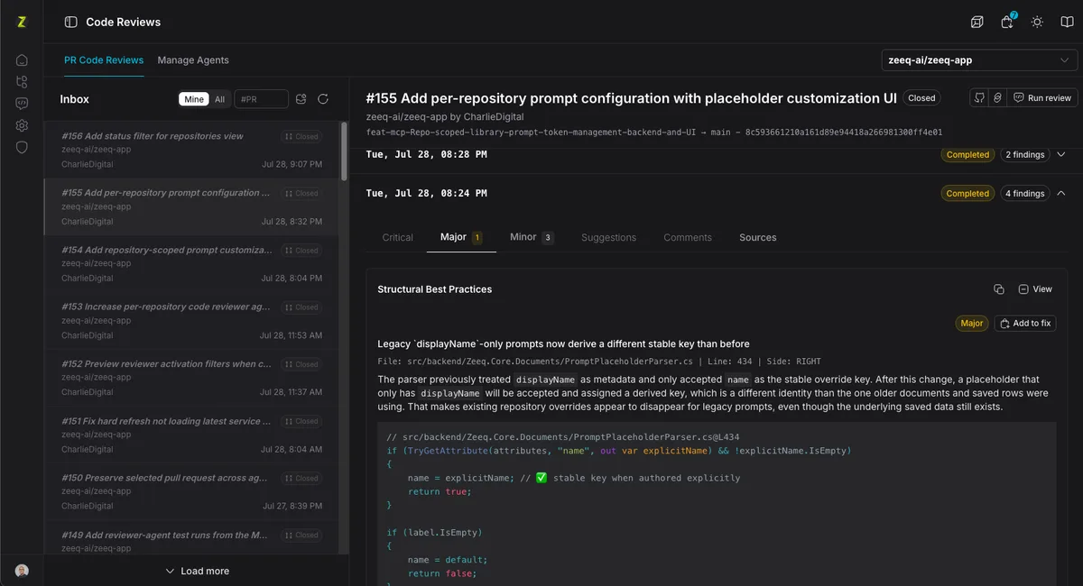 Zeeq code review inbox showing findings for a pull request