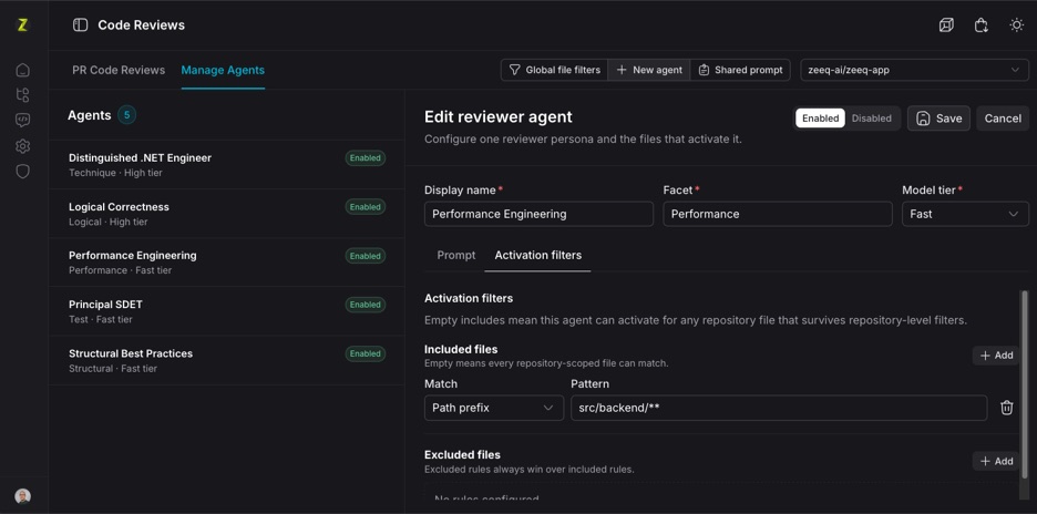 Activation filters screen