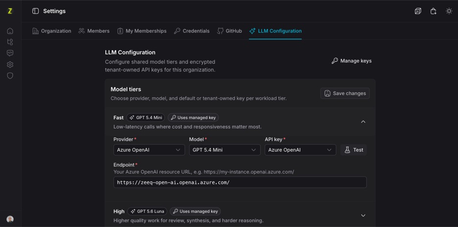LLM configuration screen